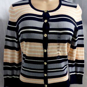 ANN TAYLOR * BLACK STRIPED CAREER 3/4 SLEEVE CARDIGAN SWEATER SIZE: MP NWT